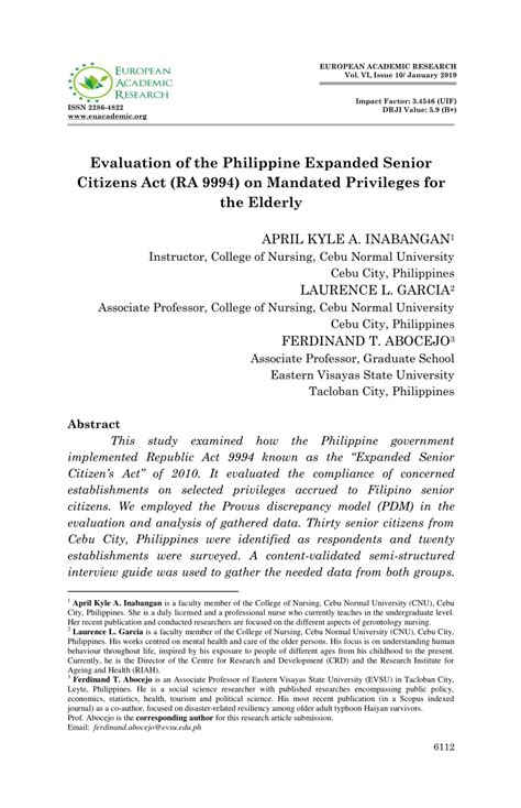 Evaluation of the Philippine Expanded Senior Citizens Act (RA .